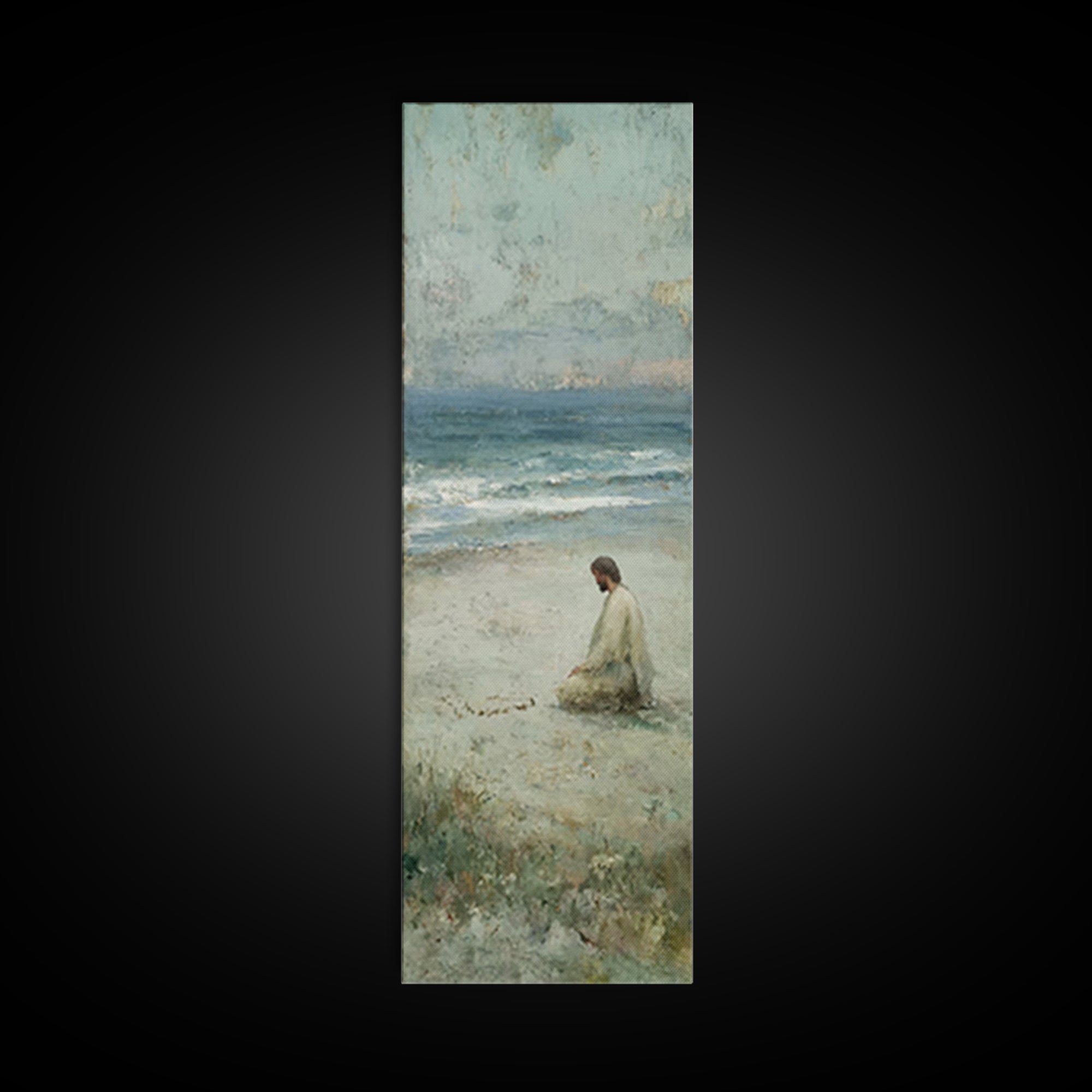 Sacred Shoreline Light - Framed Canvas Print - Tall Skinny Art Print - Christian Art Canvas - Jesus Painting - Christian Wall Art - Faith A