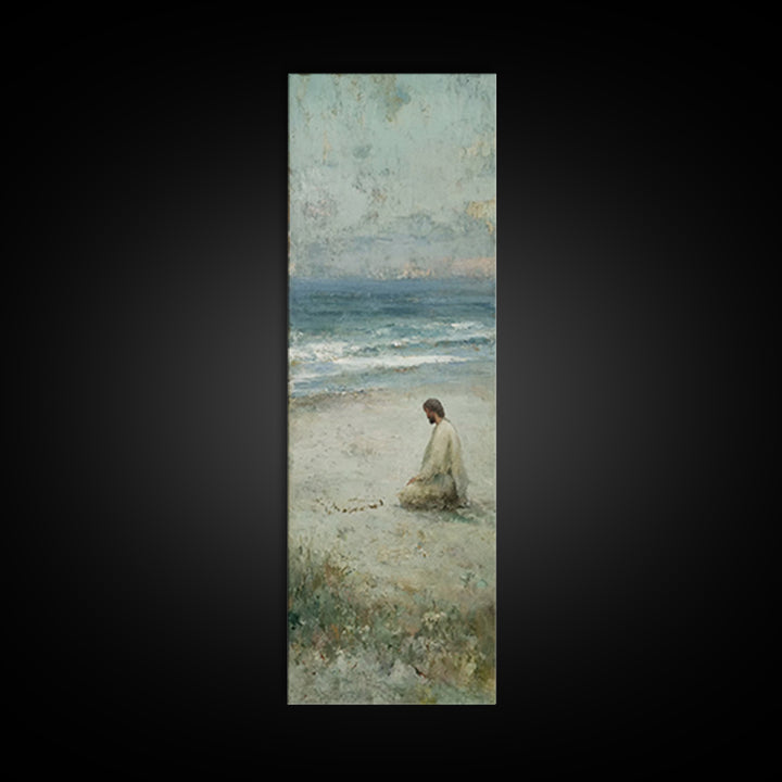 Sacred Shoreline Light - Framed Canvas Print - Tall Skinny Art Print - Christian Art Canvas - Jesus Painting - Christian Wall Art - Faith A