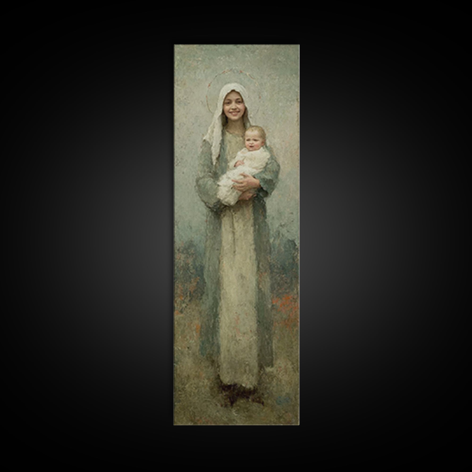 Gentle Embrace Light | Framed Canvas Print | Skinny Art | Christian Art Canvas | Christian Wall Art | Christian Christmas Art | Jesus Art