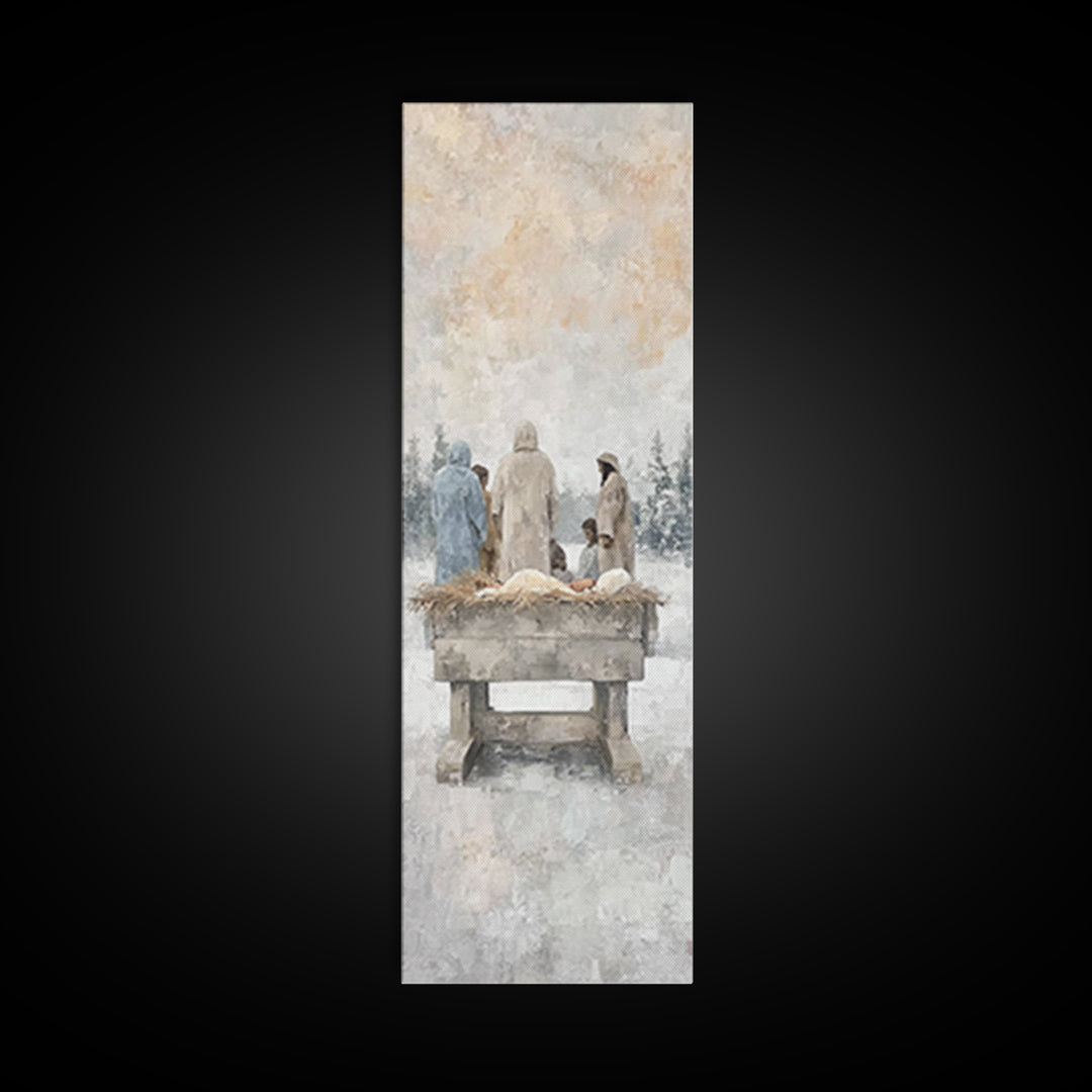 Winter Manger Gathering – Framed Canvas Print – Tall Skinny Art Print – Christian Wall Art – Jesus Painting – Christmas Art – Christian Dec
