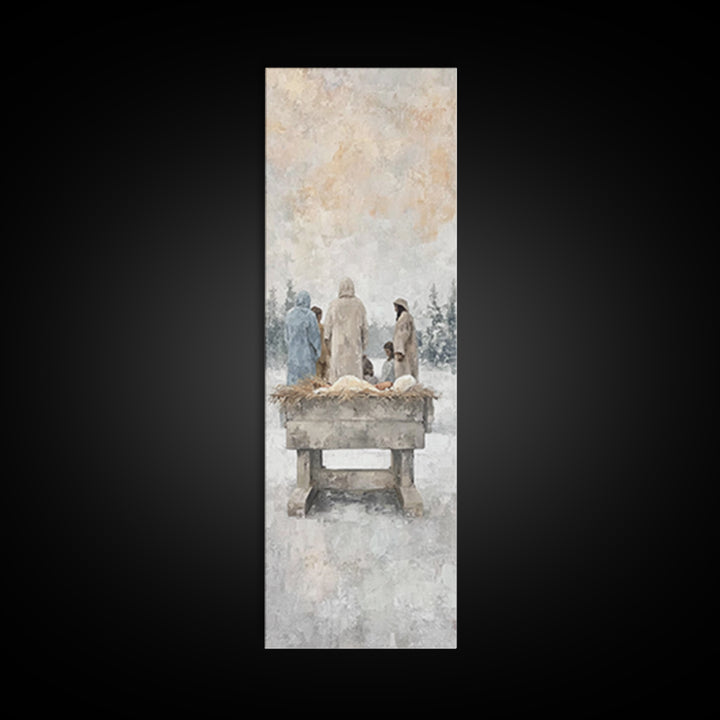 Winter Manger Gathering – Framed Canvas Print – Tall Skinny Art Print – Christian Wall Art – Jesus Painting – Christmas Art – Christian Dec