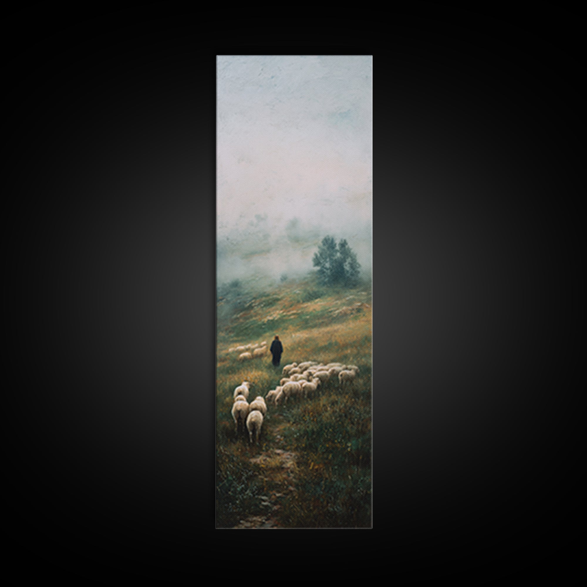 Morning Shepherd Path – Framed Canvas Print – Tall Narrow Wall Art – Christian Art – Jesus Painting – Christian Wall Art – Christian Decor