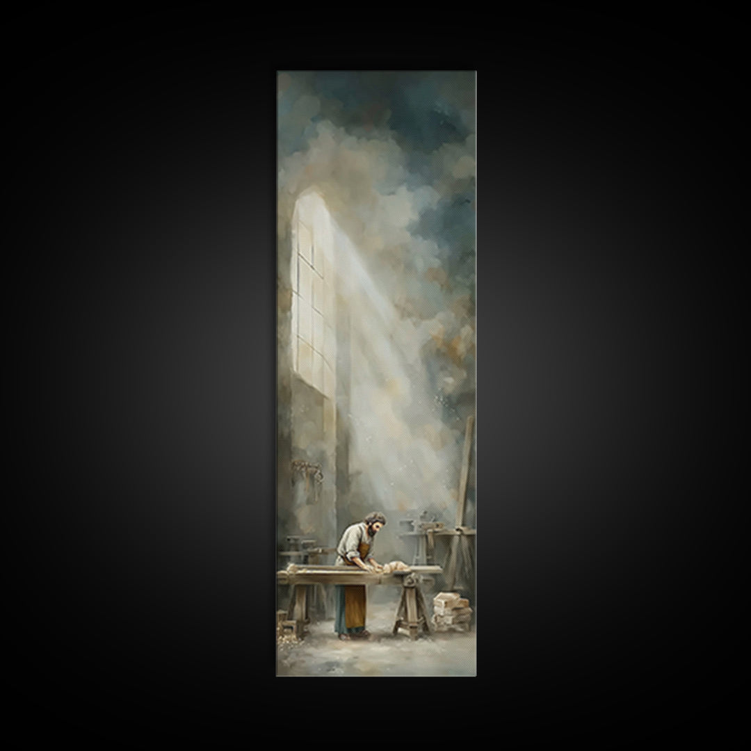 Holy Workshop Glow, Framed Canvas Print, Narrow Art, Christian Art Canvas, Christian Wall Art, Jesus Painting, Moody Christian Art