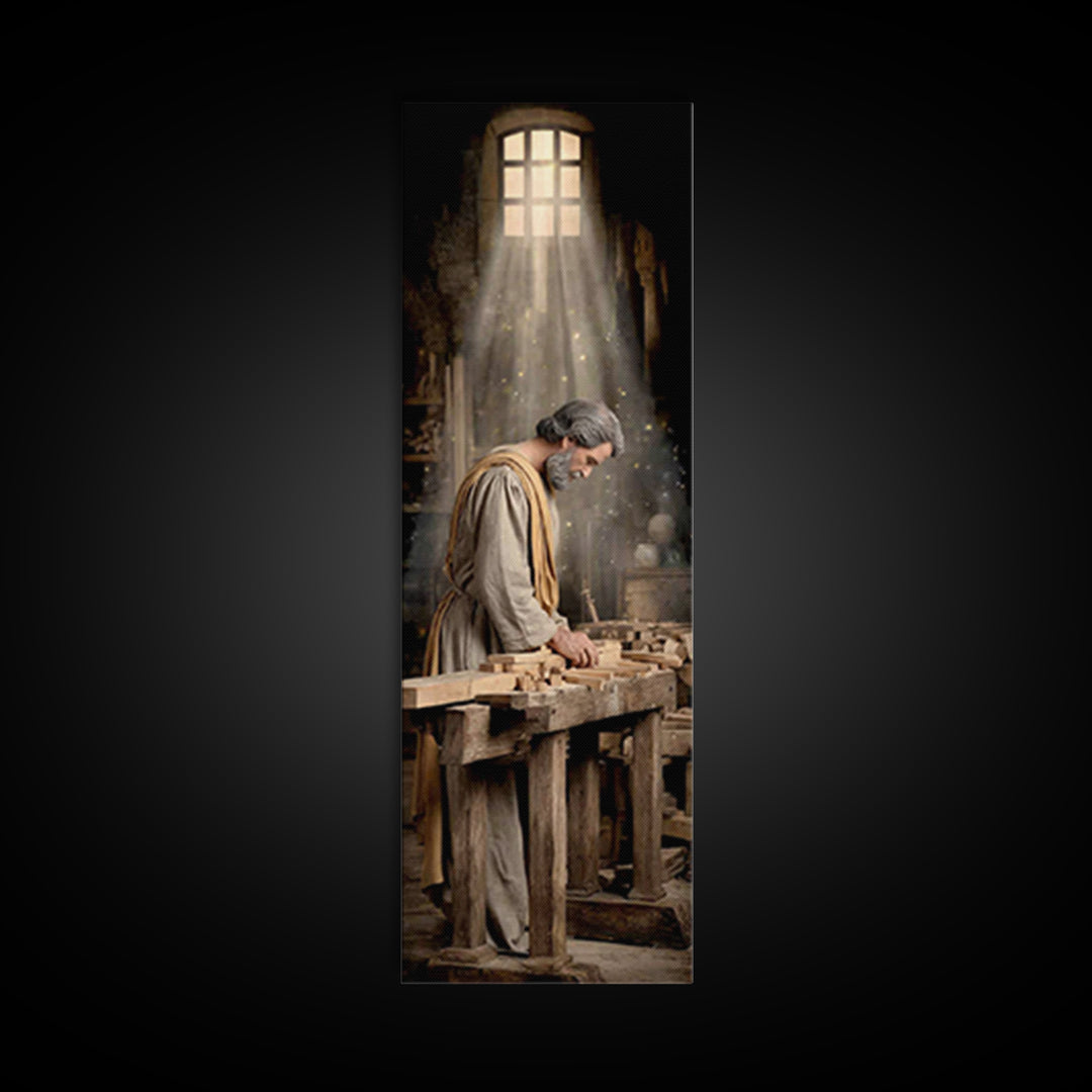 Heavenly Carpenter Grace – Framed Canvas Print – Tall Skinny Art Print – Christian Wall Art – Jesus Painting – Christian Art Canvas – Chris