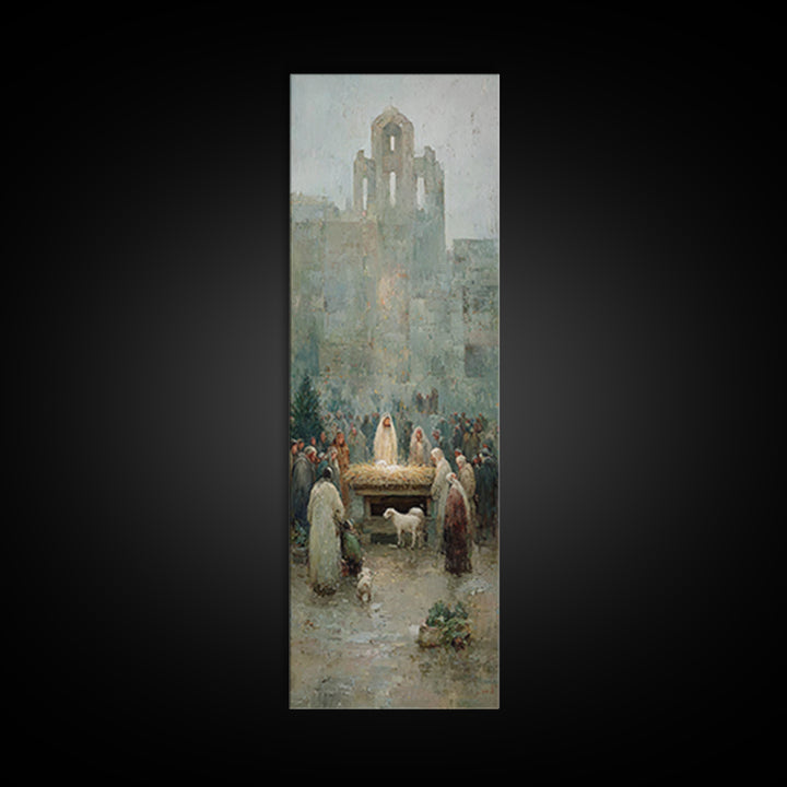 Nativity Town Gathering – Framed Canvas Print – Narrow Art – Christian Art Canvas – Christmas Art – Christian Wall Art – Christian Painting