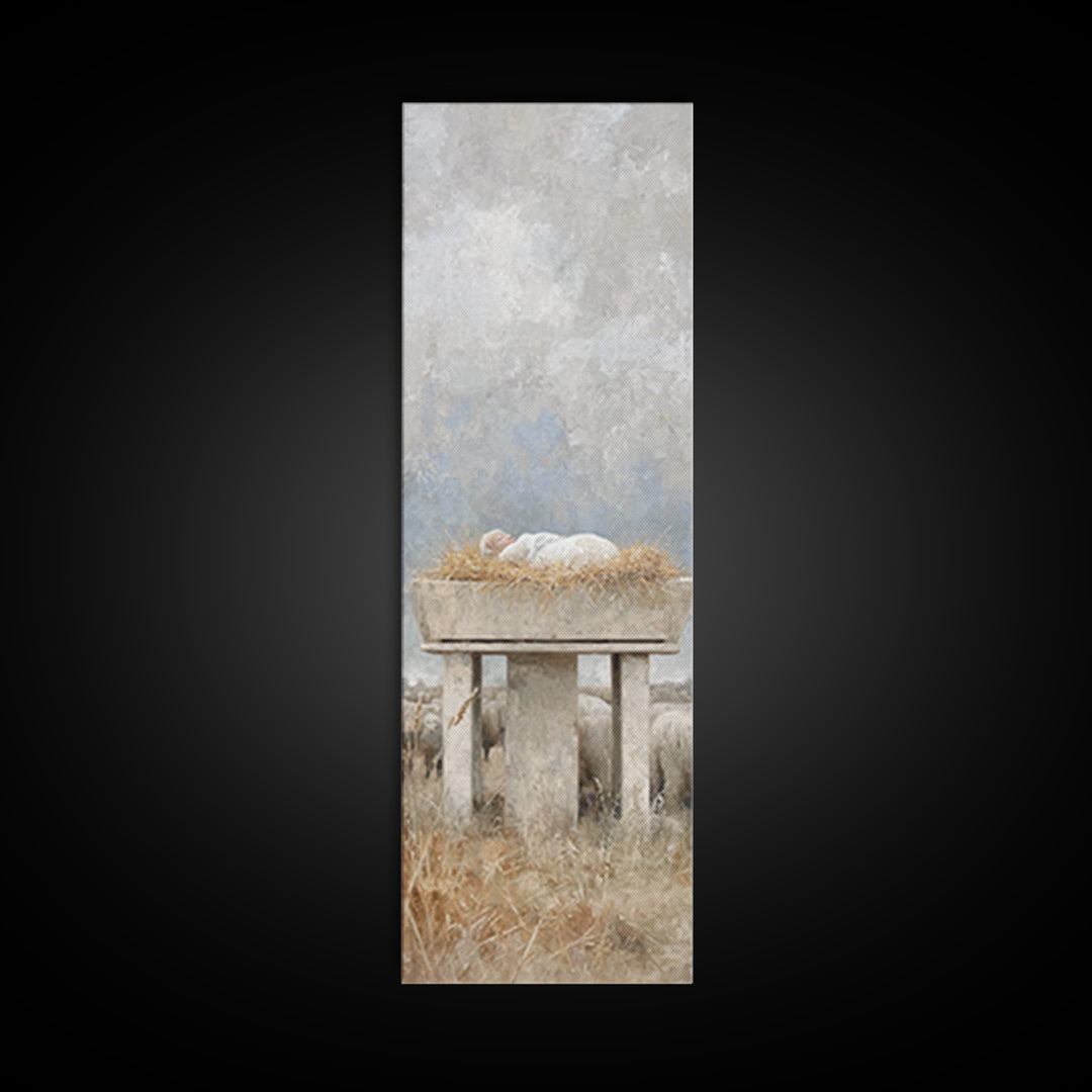 Peaceful Manger Rest – Framed Canvas Print – Narrow Art – Christian Art Canvas – Christian Wall Art – Christmas Art – Christian Painting –