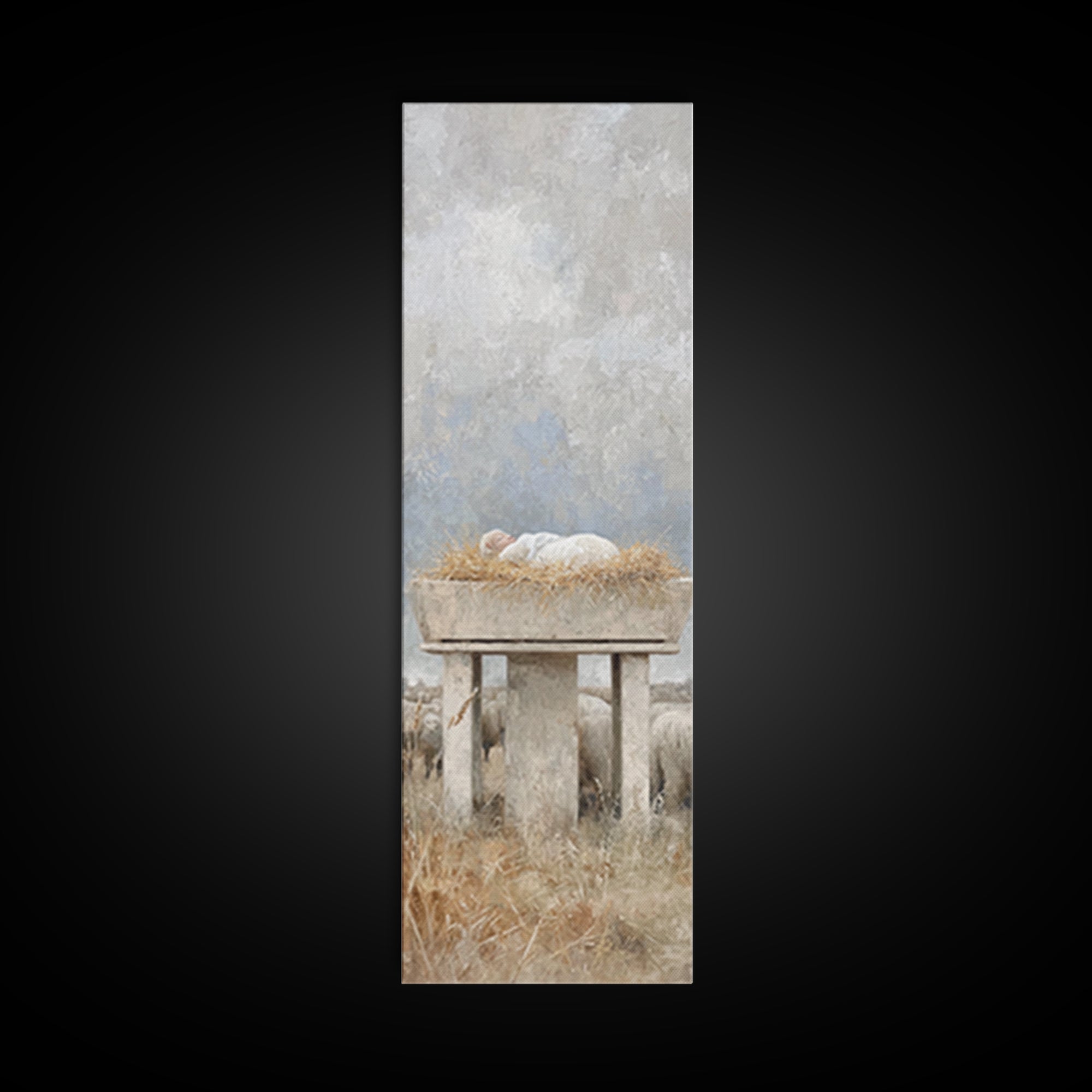 Peaceful Manger Rest – Framed Canvas Print – Narrow Art – Christian Art Canvas – Christian Wall Art – Christmas Art – Christian Painting –