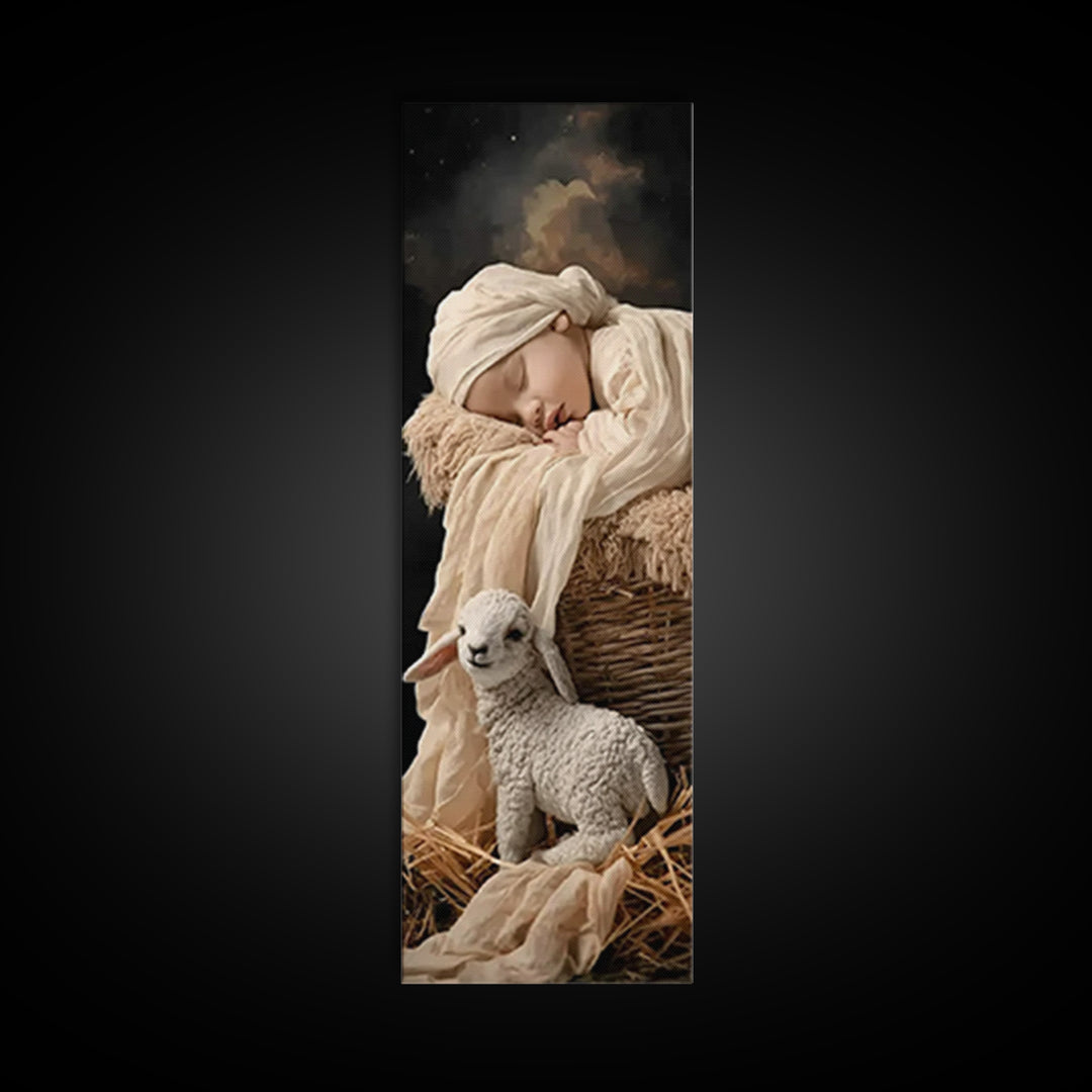 Tender Manger Peace – Framed Canvas Print – Christian Art Print – Christian Christmas Art – Jesus Painting – Narrow Art