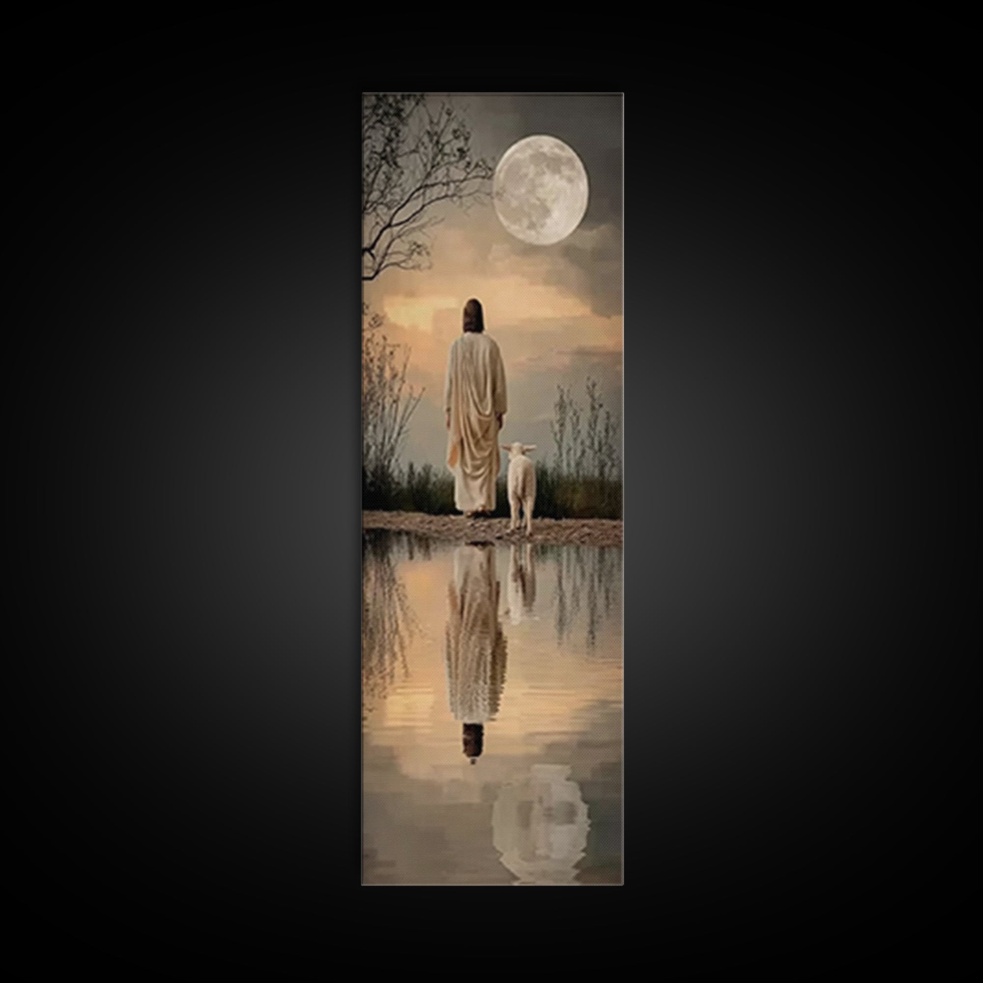 Moonlit Savior Path – Framed Canvas Print – Jesus Painting – Christian Art Canvas – Christian Wall Art – Skinny Art – Christian Art