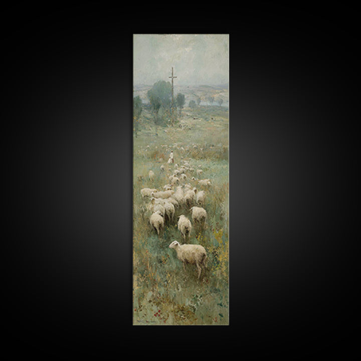 Field Of His Flock – Framed Canvas Print – Christian Art – Christian Wall Art – Christian Art Canvas – Jesus Painting – Narrow Art