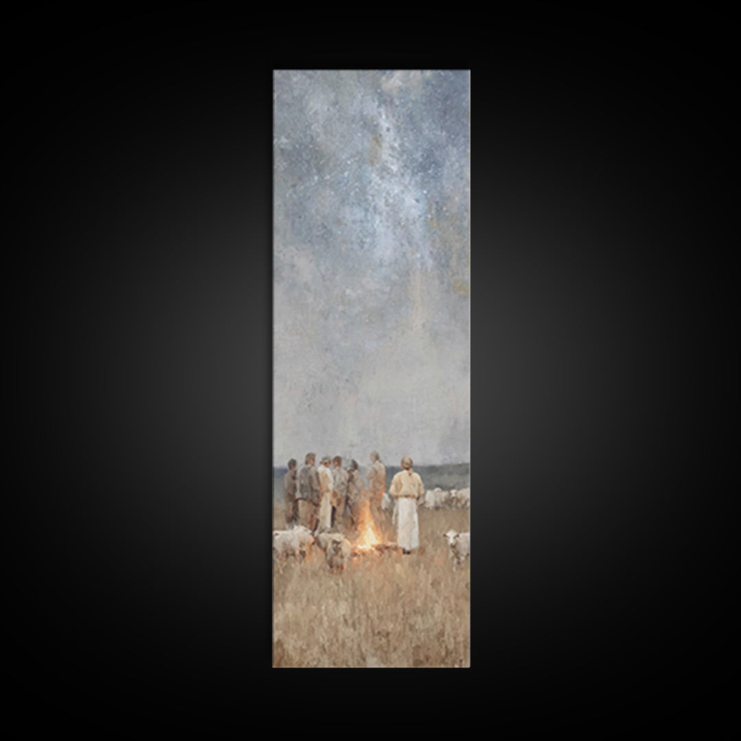 Shepherds By Firelight,Framed Canvas Print,Christian Wall Art,Tall Narrow Wall Art,Christian Paintings,Christmas Wall Art,Jesus Art Canvas
