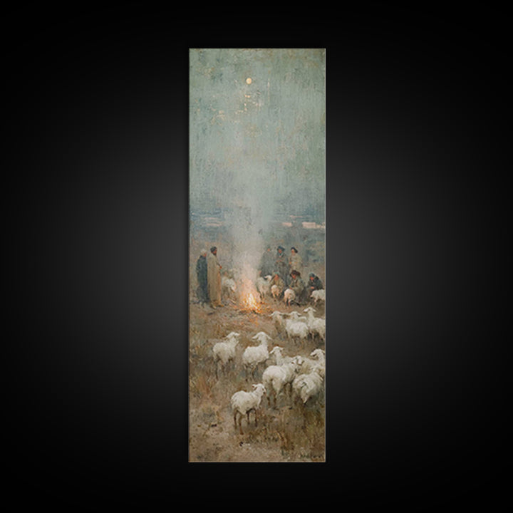 Moonlit Shepherd Circle | Framed Canvas Print | Christian Art Canvas | Christian Wall Art | Jesus Painting | Skinny Art | Christian Christm