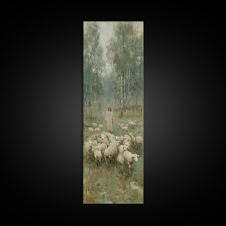 Pasture Serenity, Framed Canvas Print, Christian Art Canvas, Christian Wall Art, Tall Skinny Art Print, Jesus Painting, Christian Gift Idea