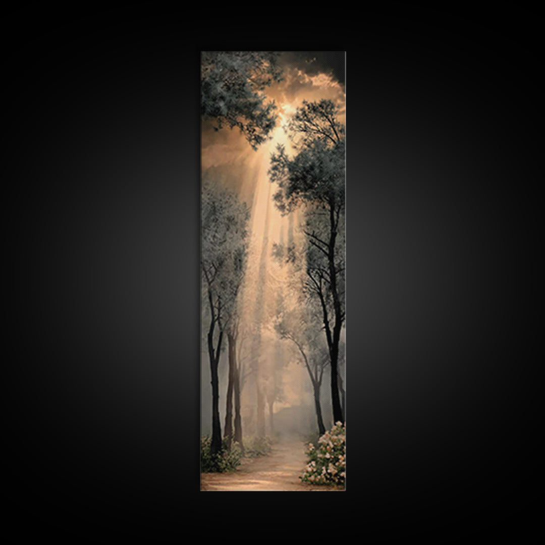 Radiant Forest Glow | Framed Canvas Print | Christian Wall Art | Christian Art Canvas | Tall Narrow Wall Art | Christian Art Print | Christ