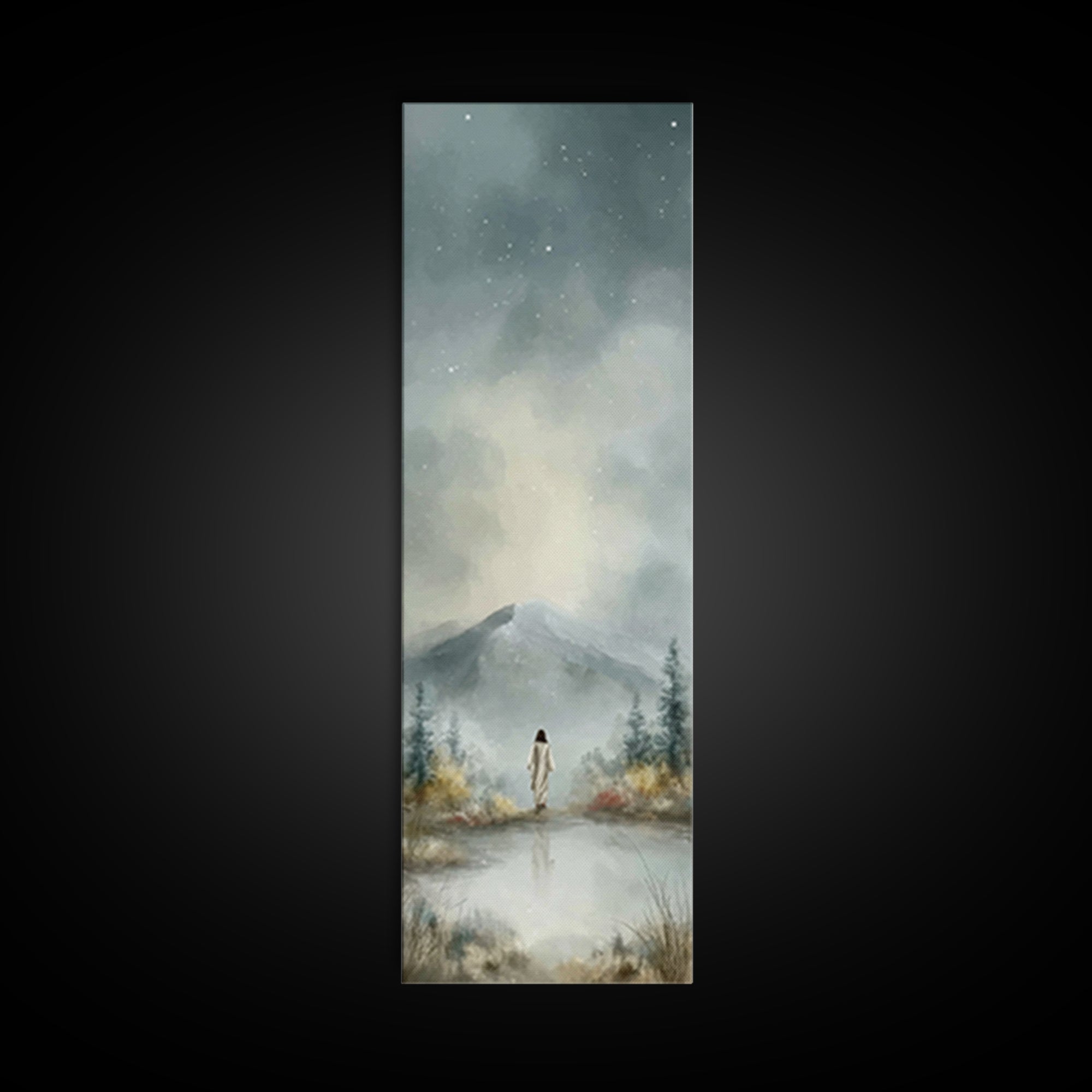 Heavenly Mountain Peace – Framed Canvas Print – Christian Art – Christmas Wall Art – Narrow Art – Jesus Painting