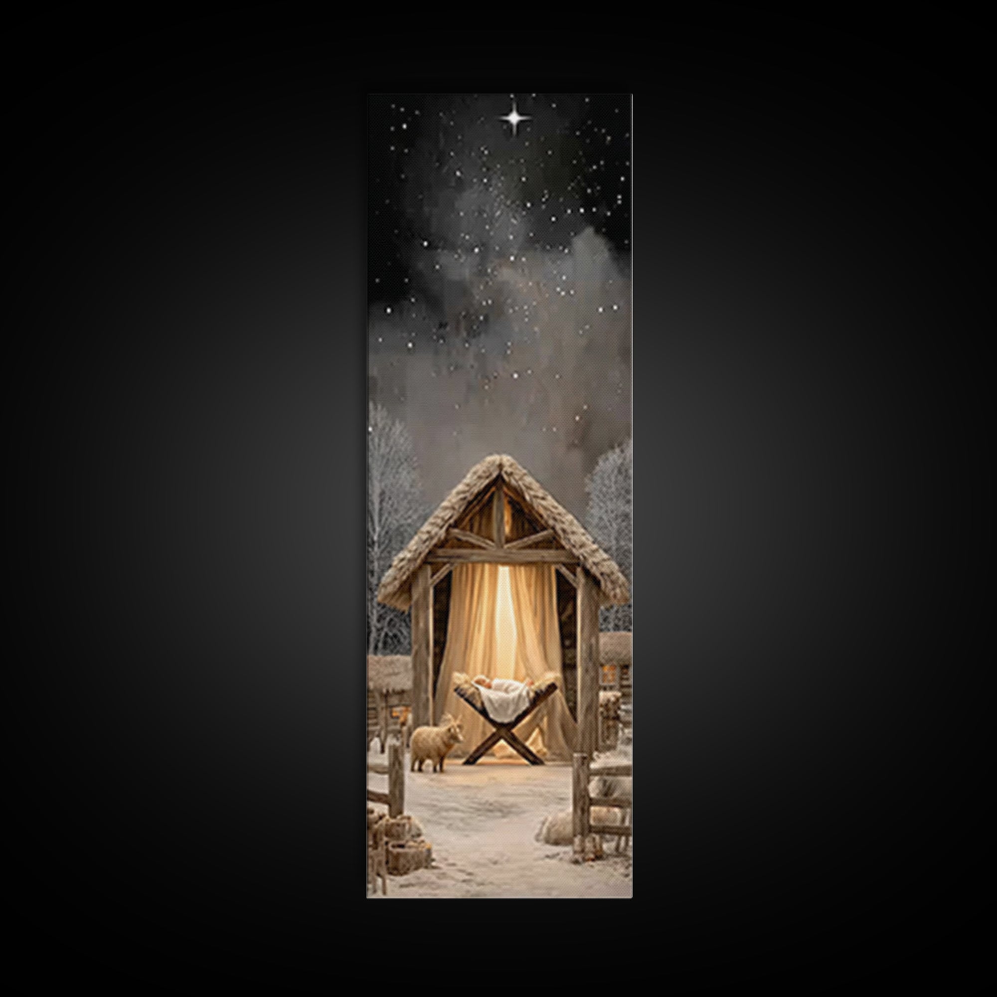 Starry Manger Peace – Framed Canvas Print – Christmas Wall Art – Christian Art Canvas – Skinny Art – Christian Christmas Art – Jesus Painti