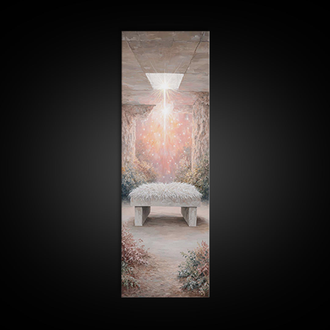 Holy Cradle Glow – Framed Canvas Print – Christian Wall Art – Christian Art Canvas – Christmas Art – Narrow Art