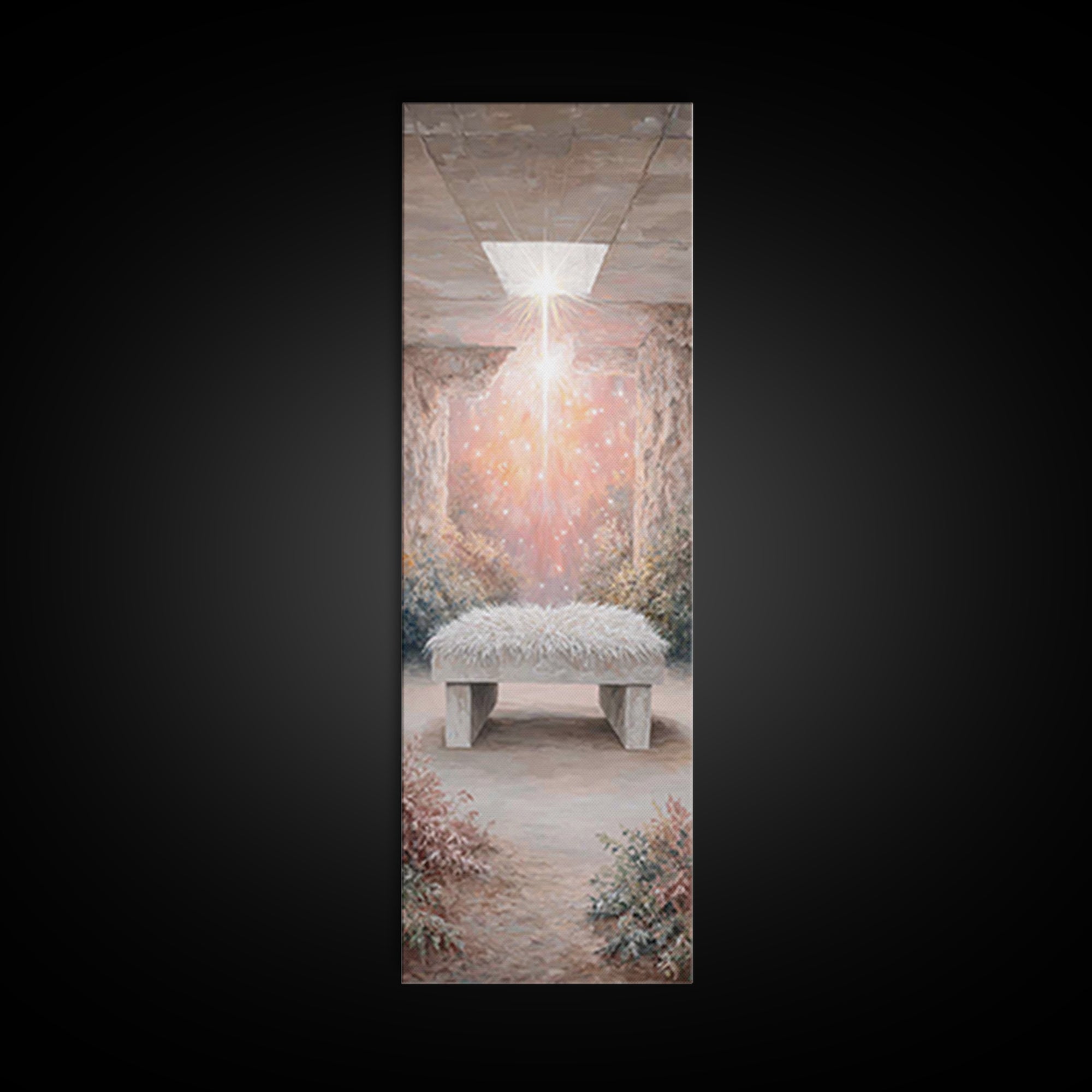 Holy Cradle Glow – Framed Canvas Print – Christian Wall Art – Christian Art Canvas – Christmas Art – Narrow Art