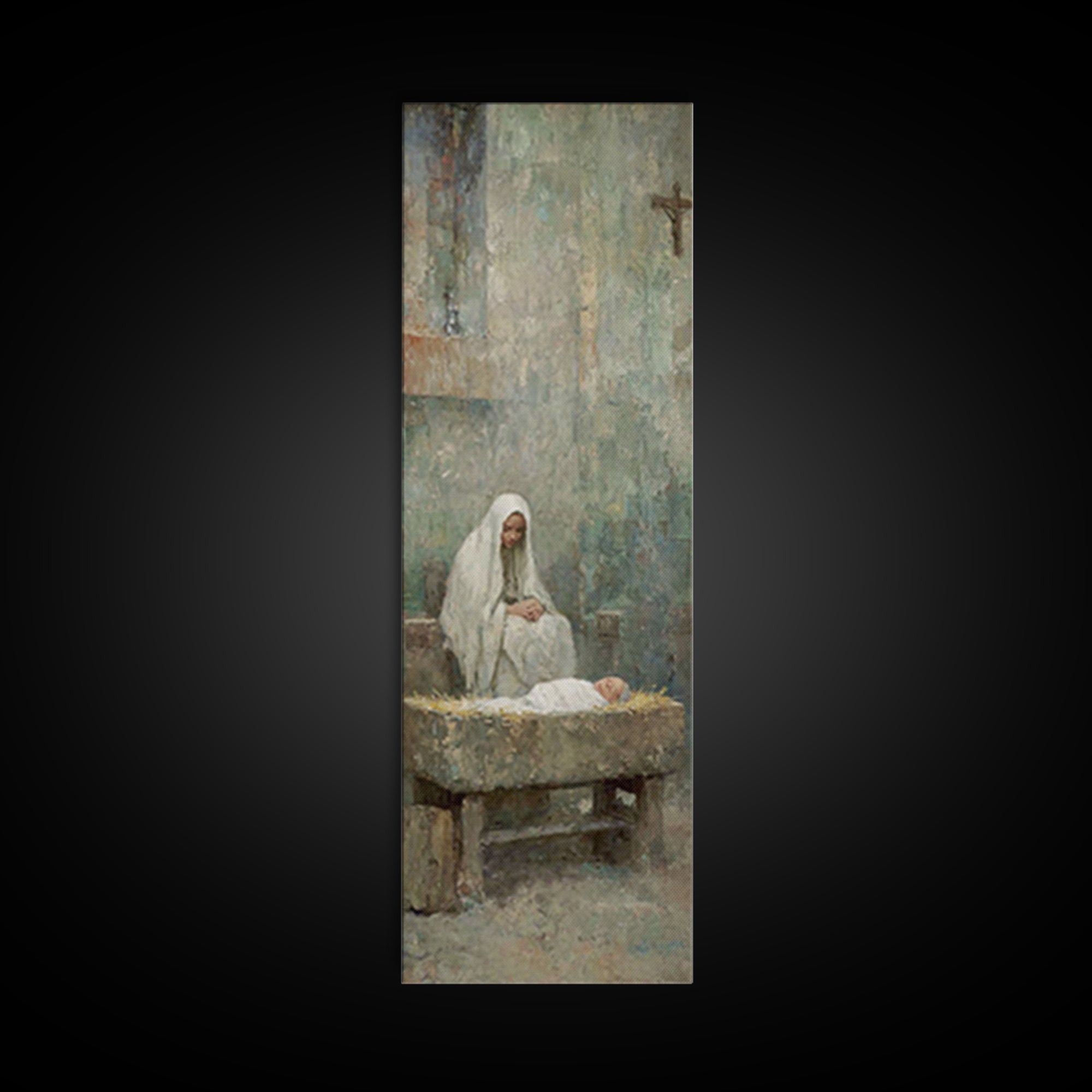 Mary’s Gentle Watch – Framed Canvas Print – Christian Art Canvas – Christian Wall Art – Christmas Art – Narrow Art