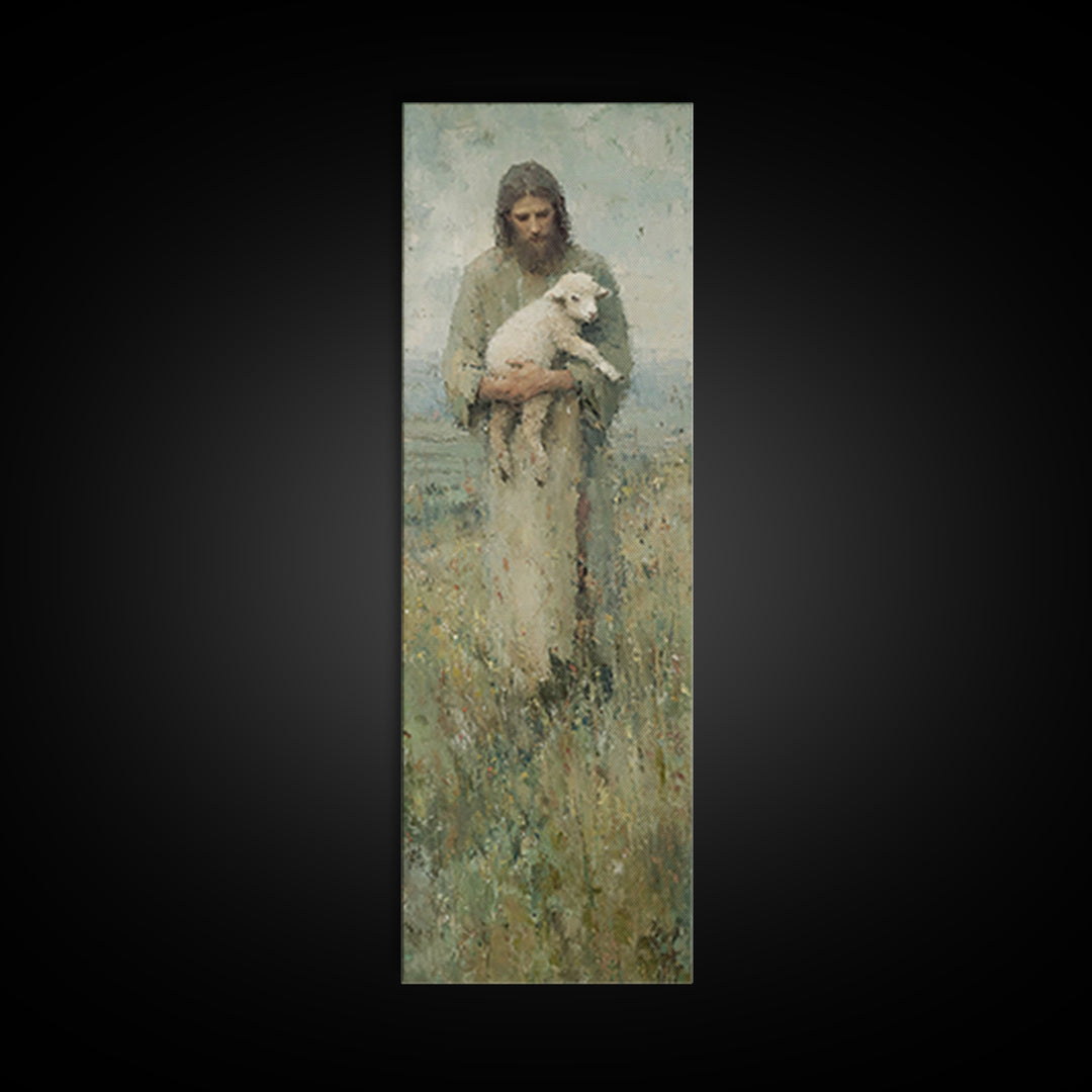 Shepherd’s Embrace, Framed Canvas Print, Jesus Painting, Christian Wall Art, Tall Narrow Wall Art, Christian Art Canvas, Christian Gift, Vi