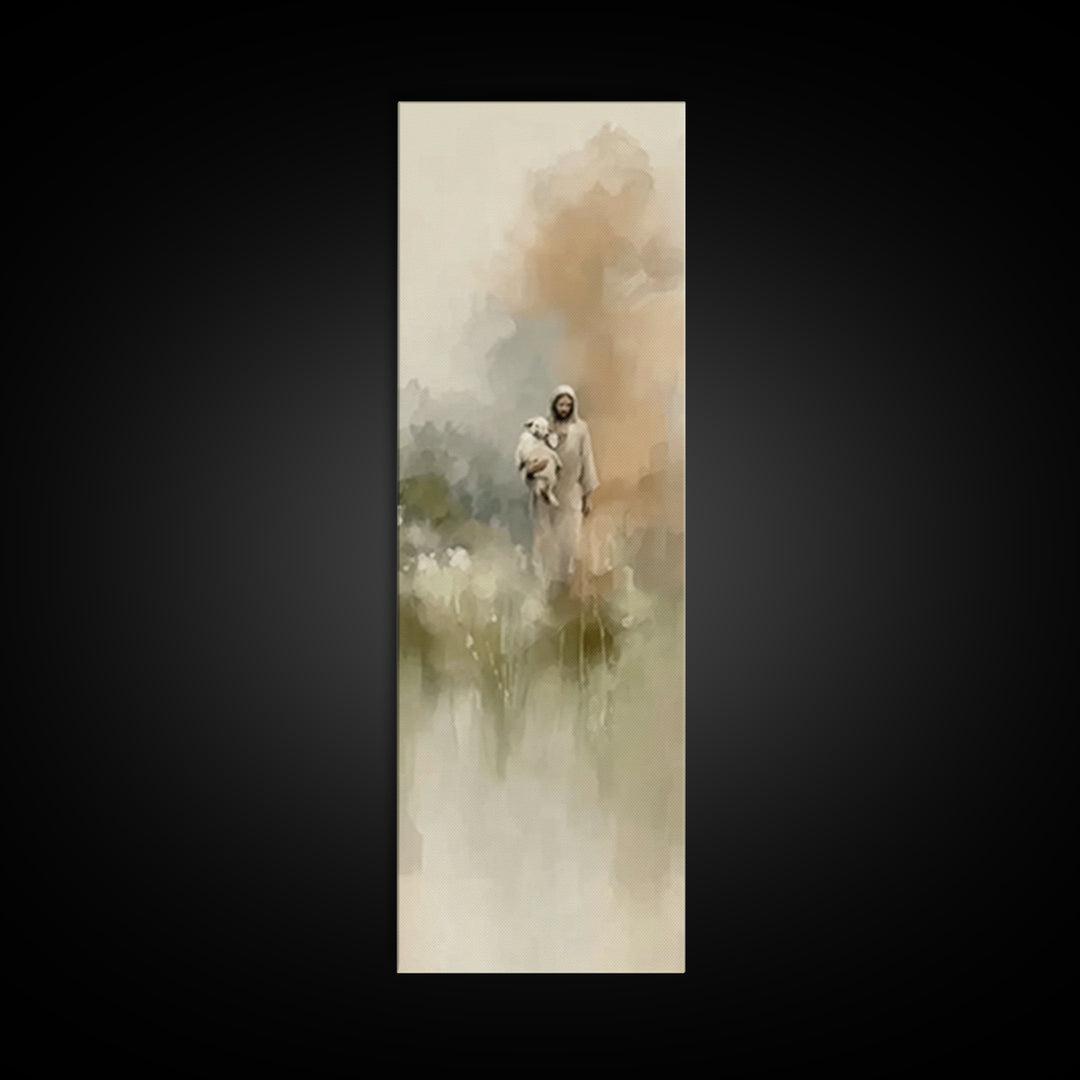 Gentle Shepherd | Framed Canvas Print | Christian Art Canvas | Tall Skinny Art Print | Christian Wall Art | Minimalist Christian Art | Jesu
