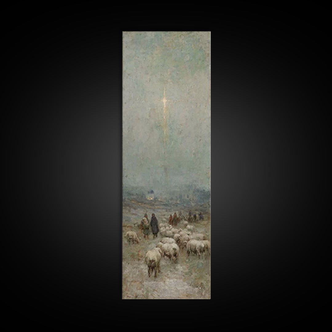 Bethlehem Night Watch, Framed Canvas Print, Narrow Art, Christian Christmas Art, Vintage Christmas Art, Christian Wall Art