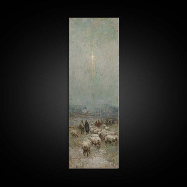 Bethlehem Night Watch, Framed Canvas Print, Narrow Art, Christian Christmas Art, Vintage Christmas Art, Christian Wall Art