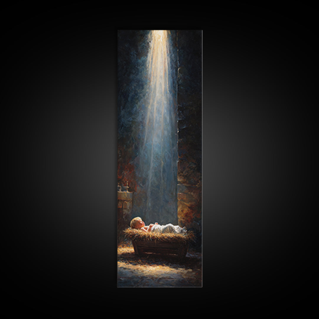 Manger Blessing Light – Framed Canvas Print – Christian Art – Jesus Painting – Christian Christmas Art – Christmas Canvas Wall Art – Skinny