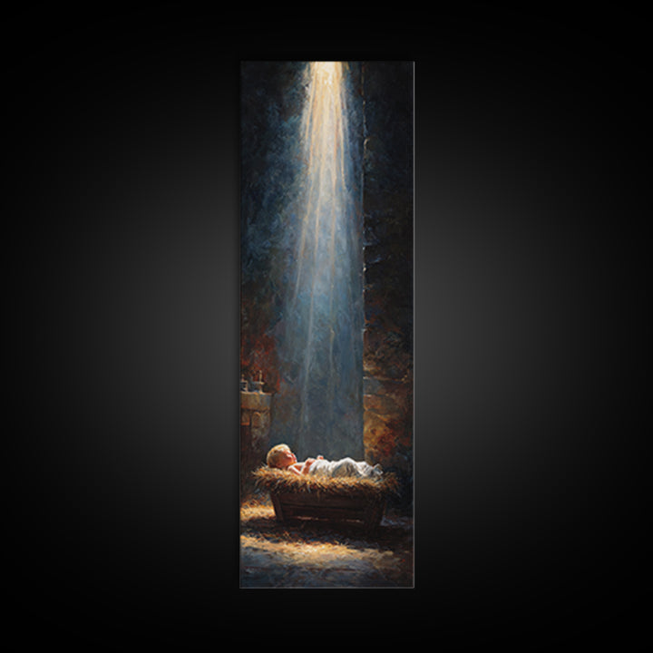 Manger Blessing Light – Framed Canvas Print – Christian Art – Jesus Painting – Christian Christmas Art – Christmas Canvas Wall Art – Skinny
