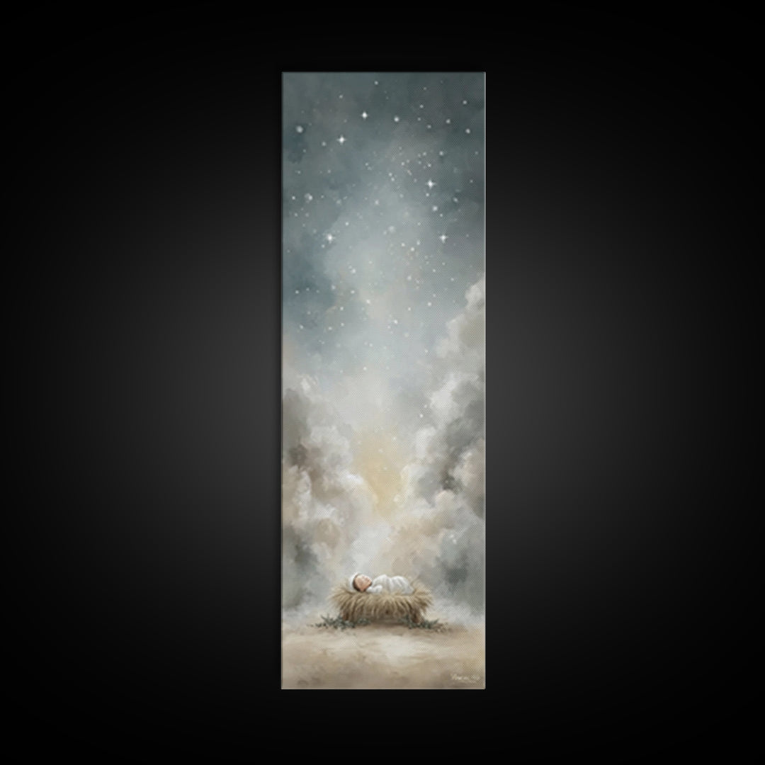 Holy Night Starfall – Framed Canvas Print – Christian Wall Art – Christmas Art – Jesus Painting – Christian Christmas Decor – Tall Skinny A
