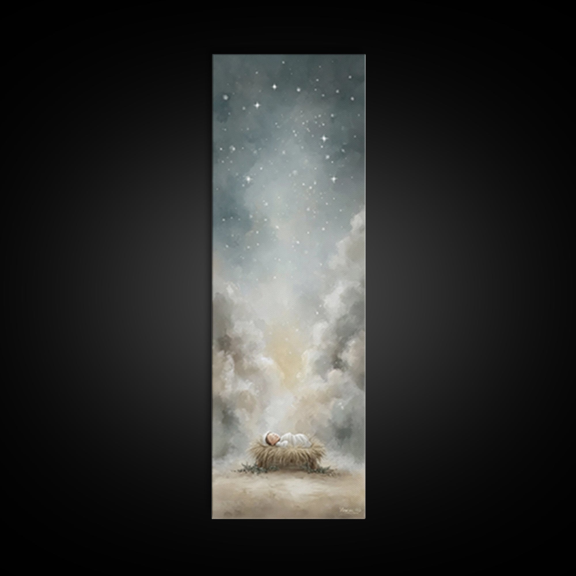 Holy Night Starfall – Framed Canvas Print – Christian Wall Art – Christmas Art – Jesus Painting – Christian Christmas Decor – Tall Skinny A