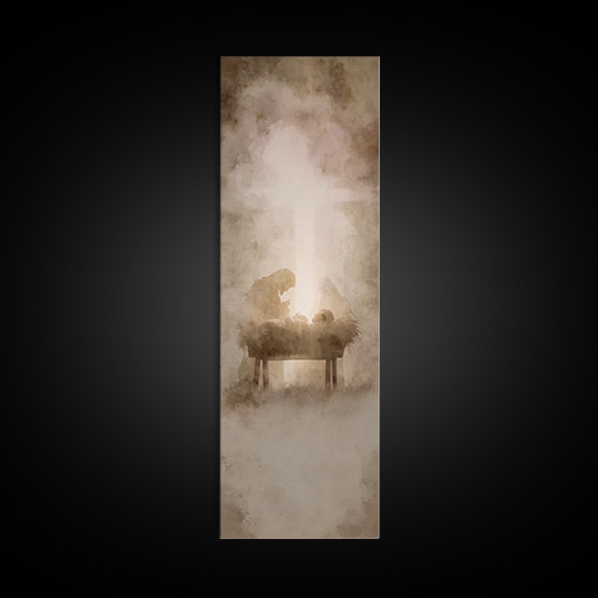 Nativity Hushed Wonder – Framed Canvas Print – Christian Wall Art – Christmas Art – Jesus Painting – Christian Christmas Art – Narrow Art –