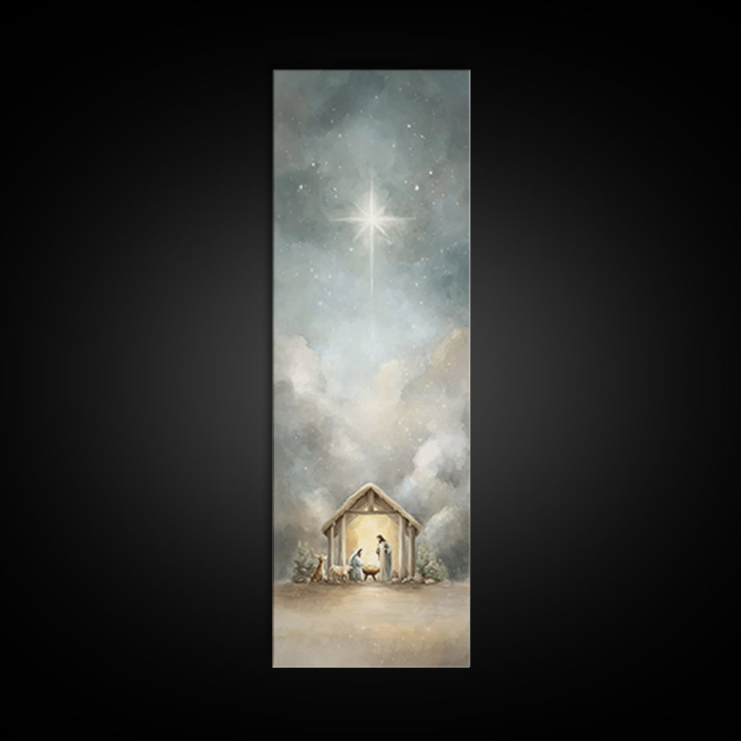 Radiant Stable Peace – Framed Canvas Print – Tall Narrow Wall Art – Christian Art Canvas – Jesus Art – Christian Christmas Art – Jesus Pain