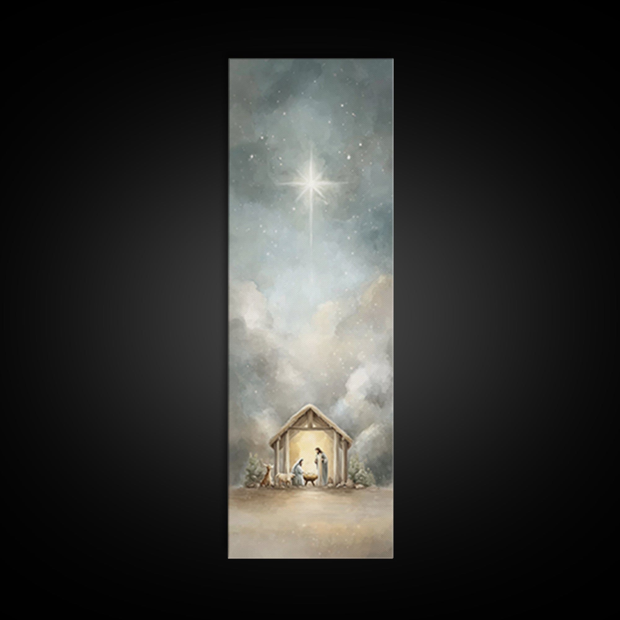 Radiant Stable Peace – Framed Canvas Print – Tall Narrow Wall Art – Christian Art Canvas – Jesus Art – Christian Christmas Art – Jesus Pain