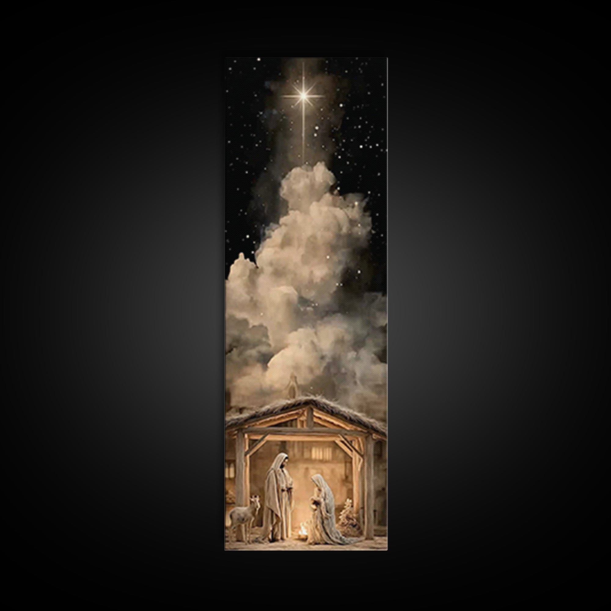 Manger Sky Blessing – Framed Canvas Print – Tall Narrow Wall Art – Christian Art Canvas – Christian Christmas Art – Jesus Art – Jesus Paint