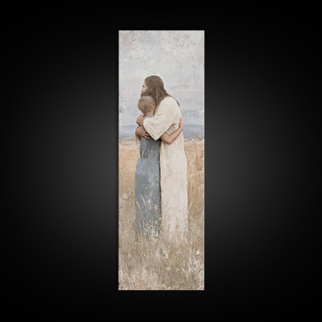 Gentle Savior Hold | Framed Canvas Print | Christian Art Canvas | Christian Wall Art | Jesus Painting | Subtle Christian Art | Narrow Art