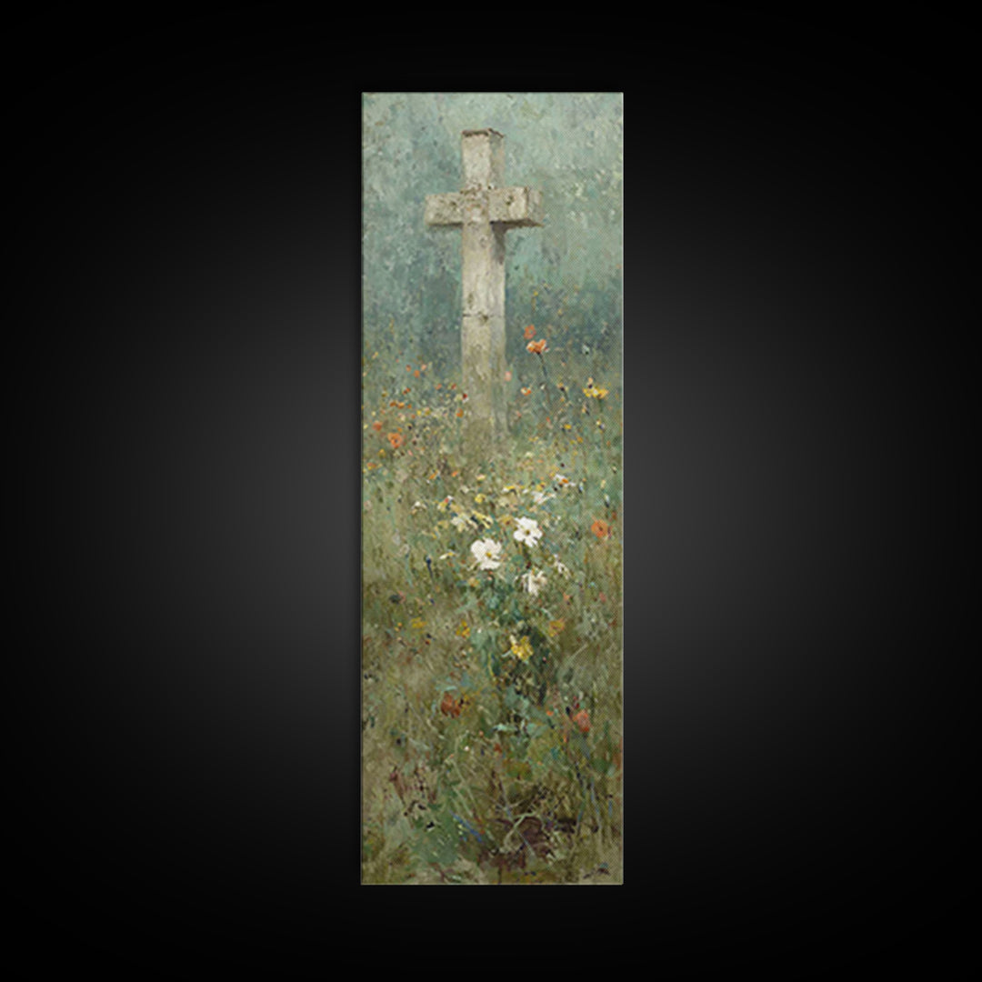 Cross In Bloom, Framed Canvas Print, Christian Art Canvas, Christian Wall Art, Vintage Christian Art, Christian Painting, Tall Narrow Wall