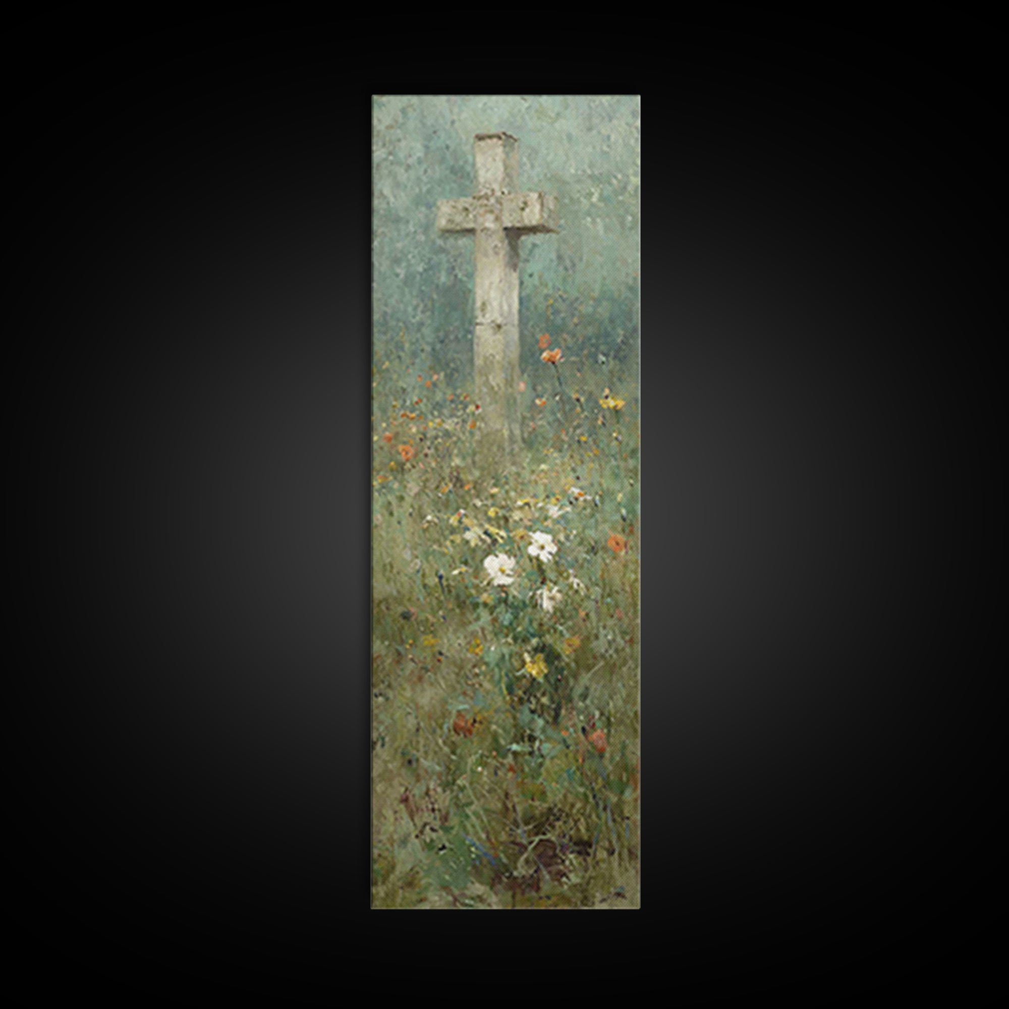 Cross In Bloom, Framed Canvas Print, Christian Art Canvas, Christian Wall Art, Vintage Christian Art, Christian Painting, Tall Narrow Wall