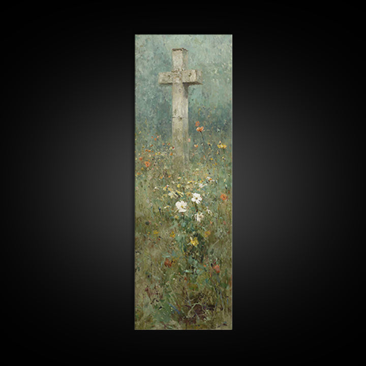Cross In Bloom, Framed Canvas Print, Christian Art Canvas, Christian Wall Art, Vintage Christian Art, Christian Painting, Tall Narrow Wall