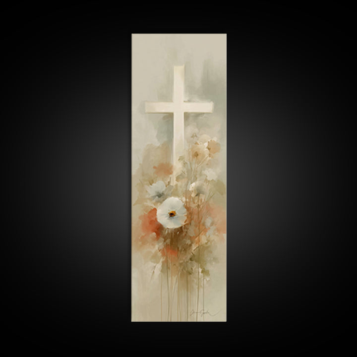 Soft Cross Blossoms | Framed Canvas Print | Christian Art | Christian Art Canvas | Christian Wall Art | Subtle Christian Art | Narrow Art