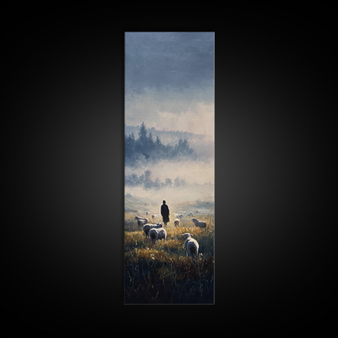 Dawn Of The Flock – Framed Canvas Print – Narrow Art – Christian Art Canvas – Christian Wall Art – Jesus Painting – Vintage Christian Art –