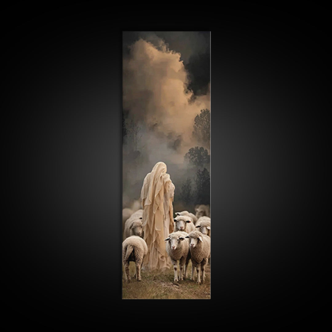 Shepherd’s Nightfall – Framed Canvas Print – Narrow Art – Christian Art Canvas – Jesus Painting – Christian Wall Art – Modern Christian Art
