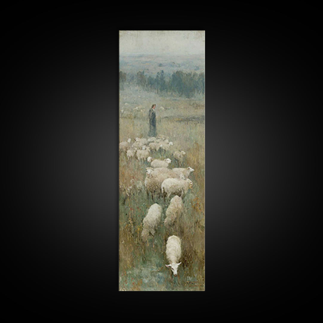 Pastoral Dawn Grace – Framed Canvas Print – Tall Narrow Wall Art – Christian Art Print – Christian Wall Art – Jesus Painting – Moody Christ