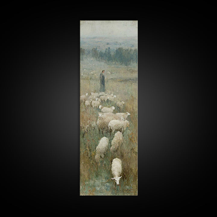 Pastoral Dawn Grace – Framed Canvas Print – Tall Narrow Wall Art – Christian Art Print – Christian Wall Art – Jesus Painting – Moody Christ
