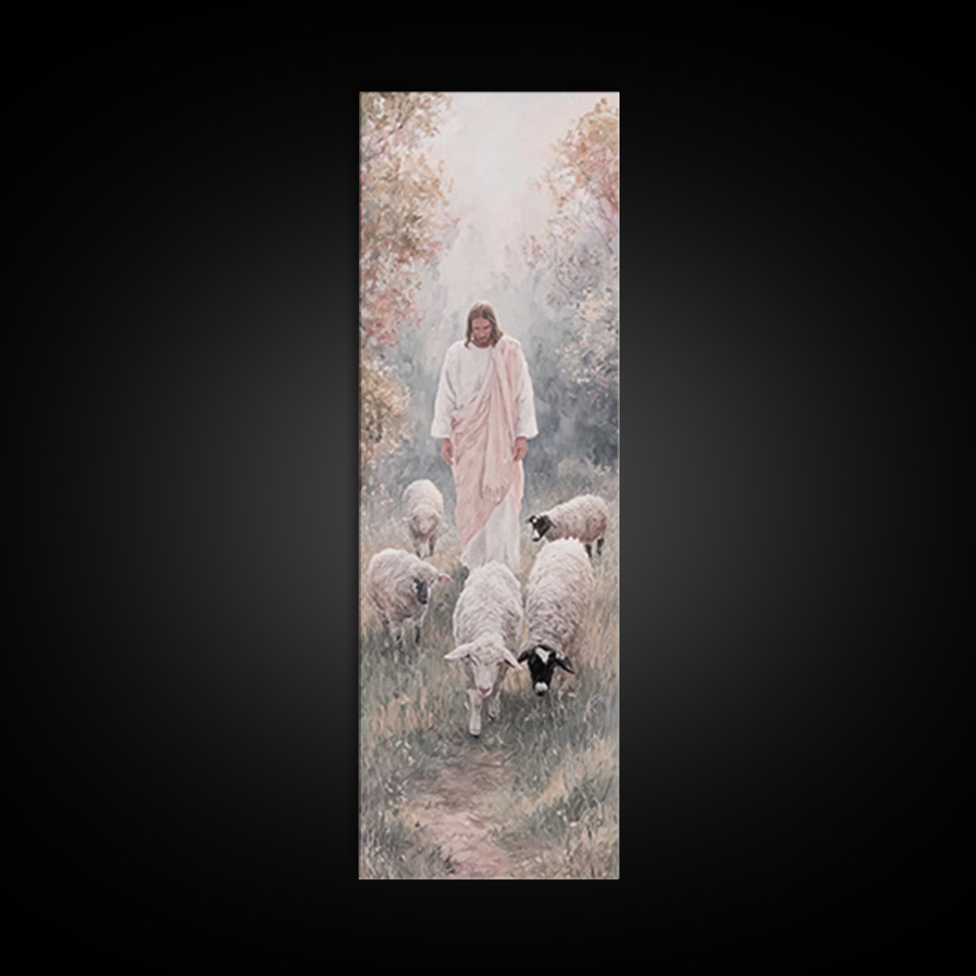 Gentle Shepherd Walk – Framed Canvas Print – Tall Skinny Art Print – Jesus Painting – Christian Art Canvas – Christian Wall Art – Modern Ch