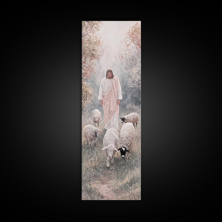 Gentle Shepherd Walk – Framed Canvas Print – Tall Skinny Art Print – Jesus Painting – Christian Art Canvas – Christian Wall Art – Modern Ch