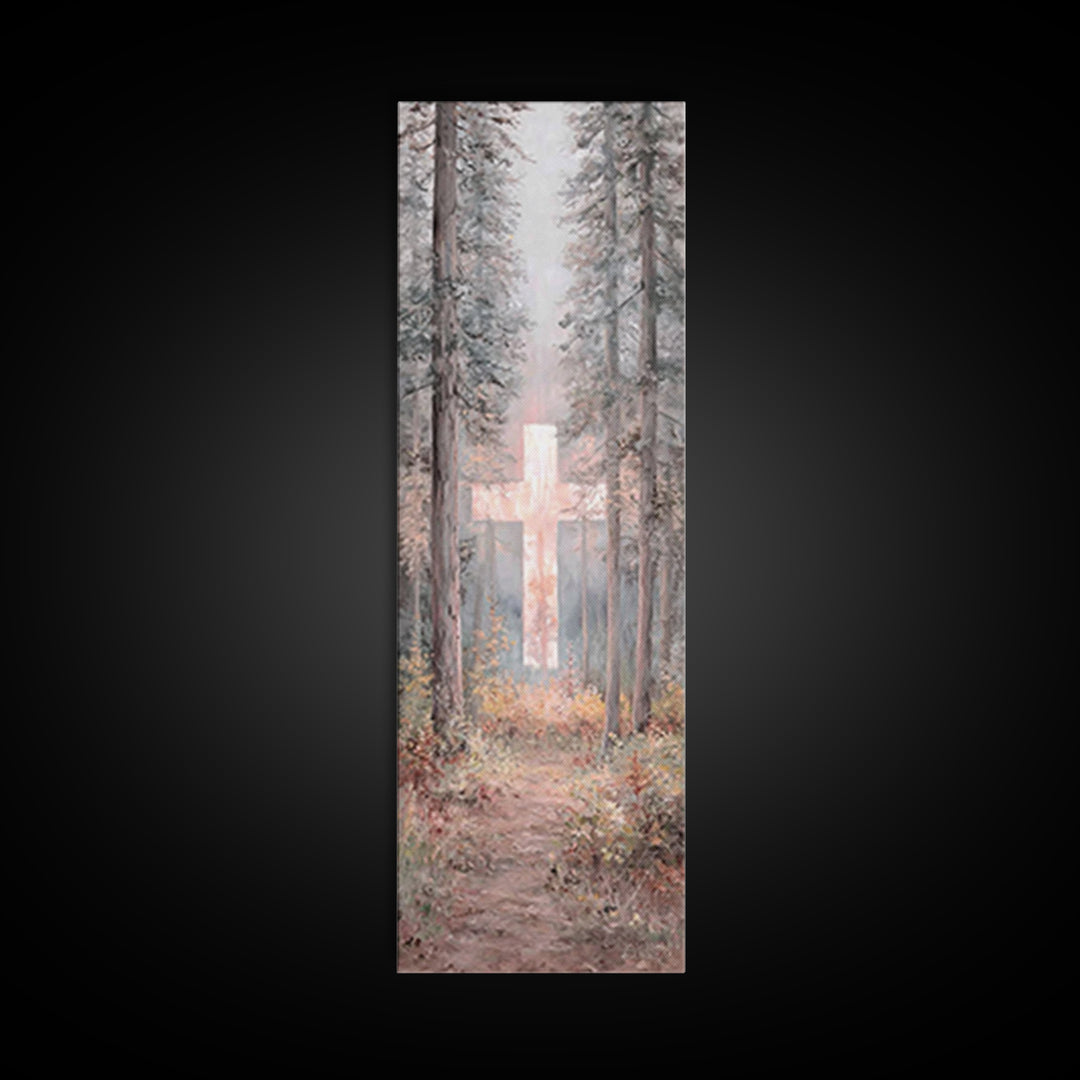 Forest Cross Glow – Framed Canvas Print – Narrow Art – Christian Wall Art – Christian Art Canvas – Christmas Art – Modern Christian Art – C