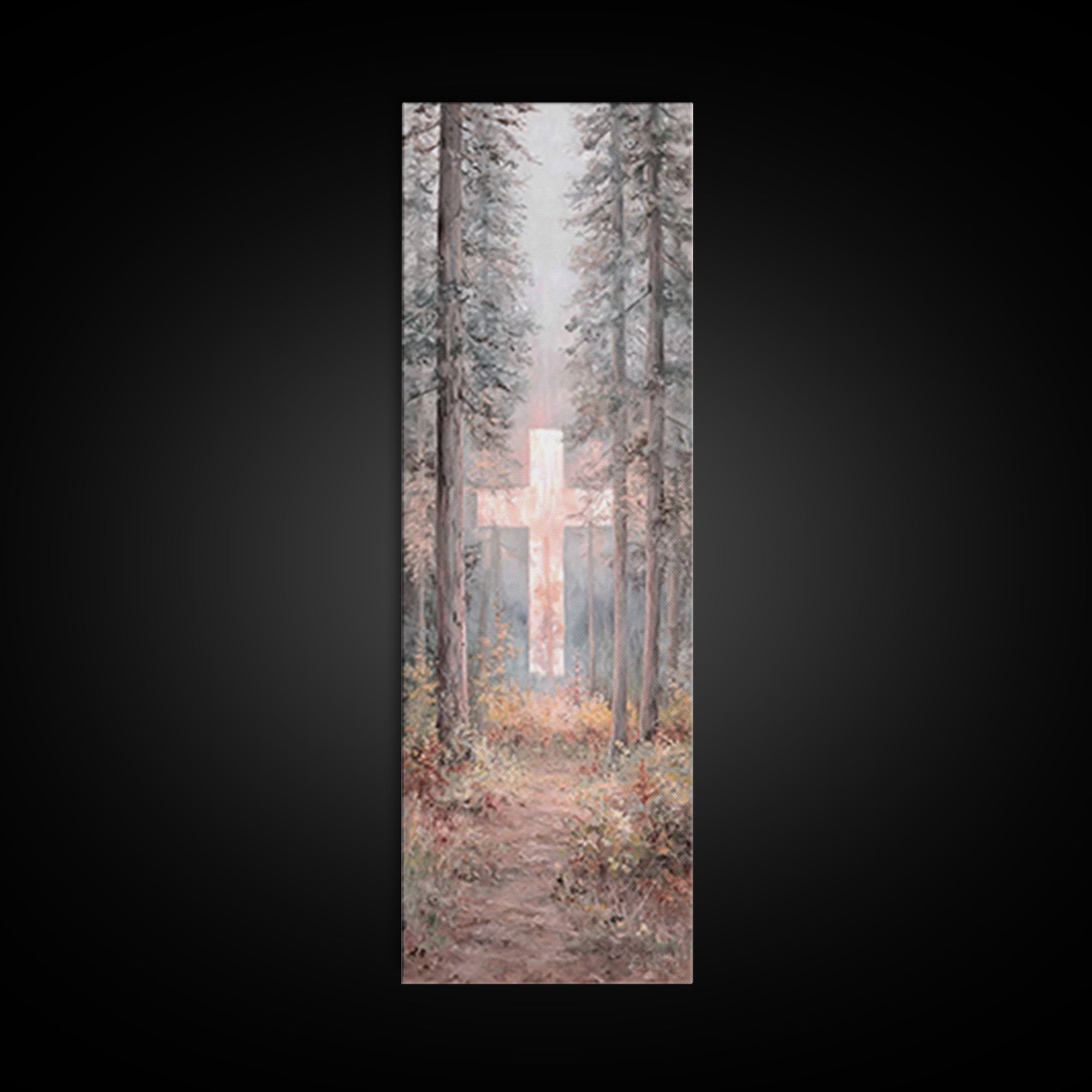 Forest Cross Glow – Framed Canvas Print – Narrow Art – Christian Wall Art – Christian Art Canvas – Christmas Art – Modern Christian Art – C