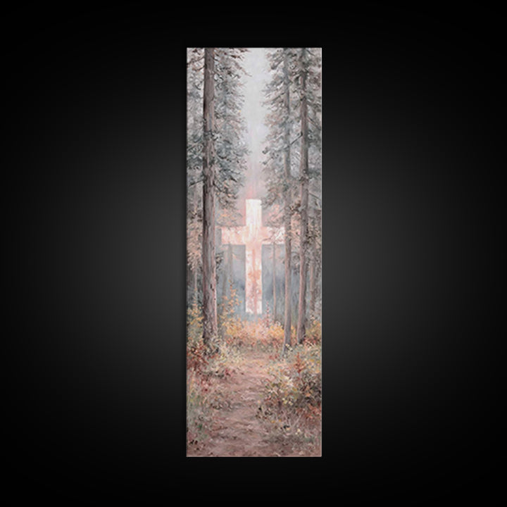 Forest Cross Glow – Framed Canvas Print – Narrow Art – Christian Wall Art – Christian Art Canvas – Christmas Art – Modern Christian Art – C