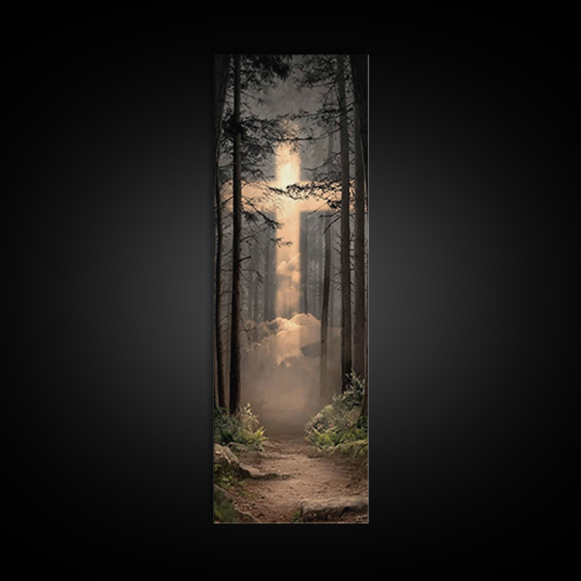 Radiant Forest Path, Framed Canvas Print, Tall Skinny Art Print, Christian Art, Jesus Painting, Christian Canvas Art, Christmas Art, Christ